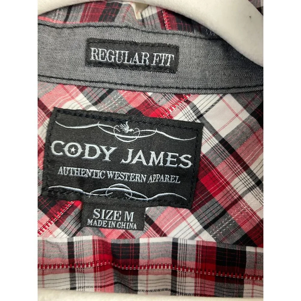 Cody James Mens Pearl Snap Shirt size Medium Plaid‎ Western Rodeo Ranch Red Gray